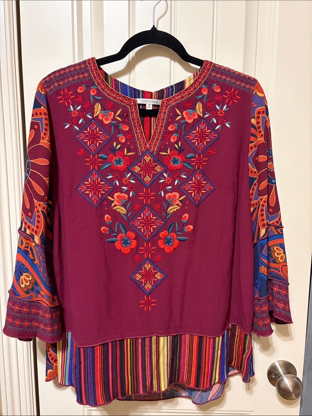 John Mark - Embroidered Floral V-Neck Tunic with Striped Hem